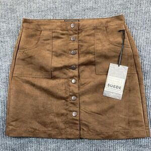 One 5 One Skirt Womens Medium Brown Faux Suede Button Front Mini Stretch Pockets